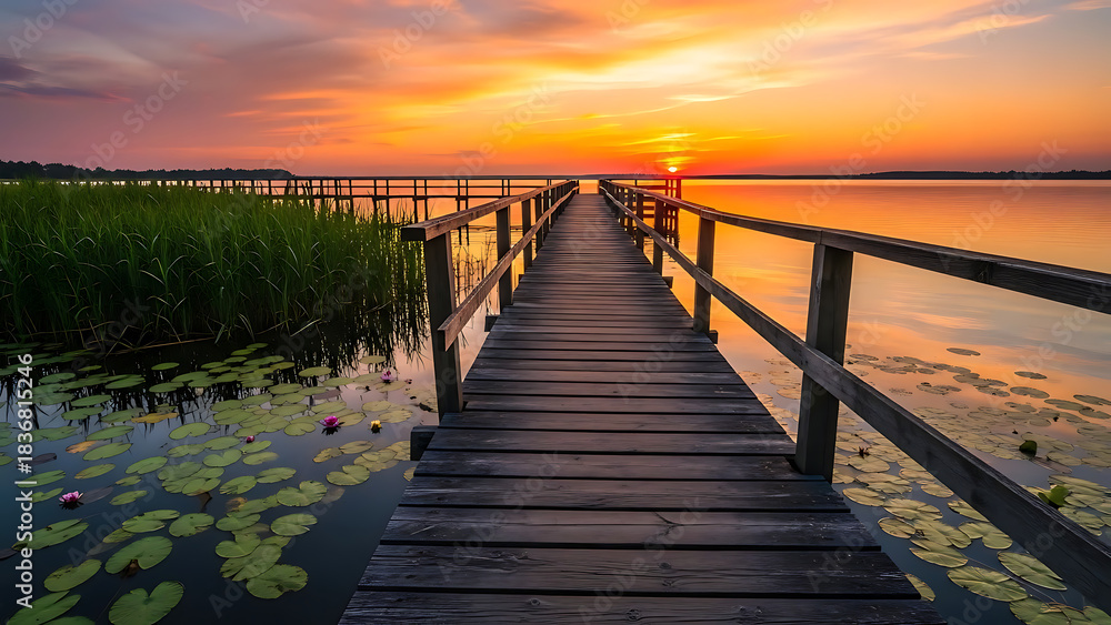 Obraz premium A wooden pier stretches into a tranquil lake at sunset, surrounded by lily pads and reeds, reflecting the golden and orange hues of the sky—an invitation to peace and reflection