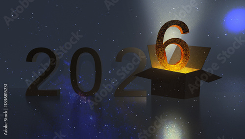 2026 26 new year unboxing stars galaxy background - 3d rendering