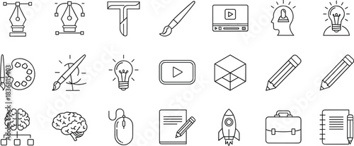 Creative Process Line Icons Set: Graphic Design, Idea Generation, Art Tools, Education, and Innovation Symbols for Business and Web.