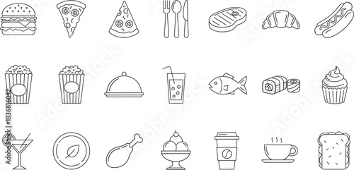 Food and Drink Line Icons Set: Delicious Menu Items, Fast Food, Sweets, and Restaurant Symbols for App, Web, and Dining Concepts.