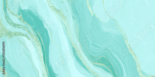 Abstract liquid turquoise marble background with glittering gold veins, luxurious ethereal and striking gold veining.