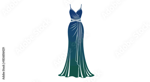 Elegant Blue Teal Gradient Evening Gown with Sparkling Embellished Waist.