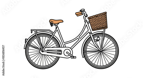 Hand-drawn Vintage Bicycle Illustration with Front Wicker Basket.