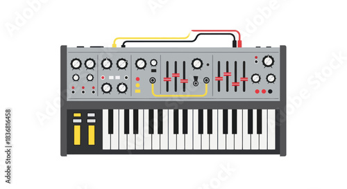 Vintage Analog Synthesizer with Knobs Sliders and Patch Cables.