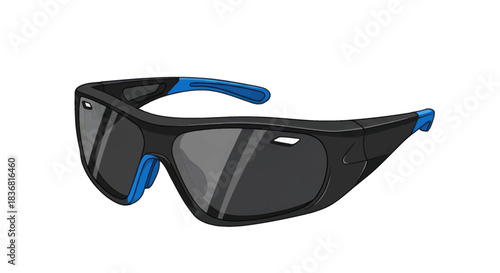 Sporty Black and Blue Wrap-Around Sunglasses with Tinted Lenses.