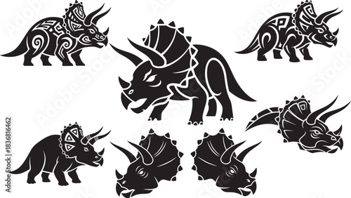 Fierce Tribal Triceratops Dinosaur Horned Vector Tattoo Set