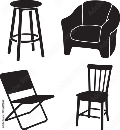Black chair and stool set of different furniture graphic icon silhouette illustration