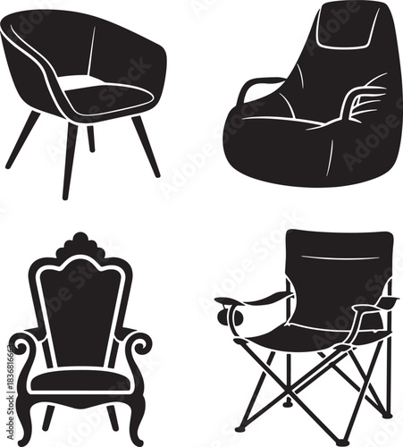Black chair collection of different styles armchair furniture vector graphic design