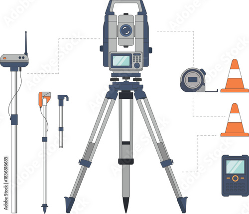 Flat vector illustration of a surveying instrument set including a total station on tripod with accessories, used for land measurement, construction, and engineering projects.
