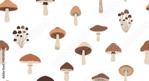 Seamless pattern with a variety of hand-drawn forest mushrooms in earthy tones, creating a minimalist and natural background.