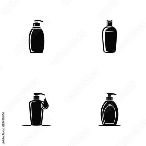 Four black silhouette icons depicting various pump and flip top dispenser bottles on a white background