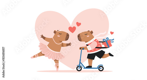 Adorable capybara couple in love for Valentine's Day, with one on a scooter bringing a gift to his ballerina partner.