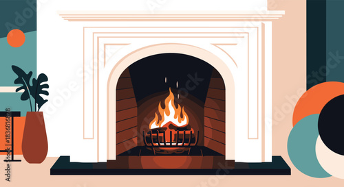Modern and stylish illustration of a classic white fireplace with a cozy burning fire in a contemporary living room interior.