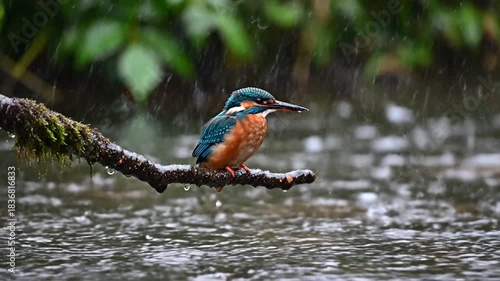 A vibrant bird with turquoise and brown feathers perches on a wet branch in the rain