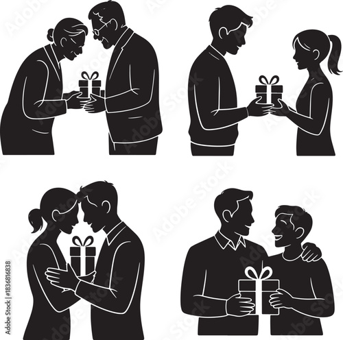 Couple giving gift each other present for special occasion in black silhouette vector
