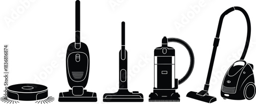 Five black vacuum cleaner silhouettes on transparent backdrop for domestic work