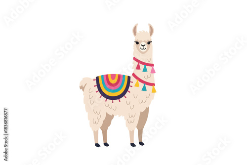 Colorful Cartoon Llama with Vibrant Saddle and Blanket