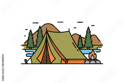 Camping Scene with Tent and Campfire by the Lake