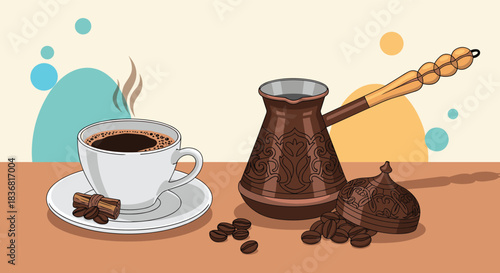 Traditional Turkish coffee serving with a copper cezve pot, a hot steaming cup, and coffee beans on a colorful background.