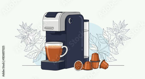 Modern capsule coffee machine brewing a fresh cup of espresso, with several colorful coffee pods displayed next to the machine.