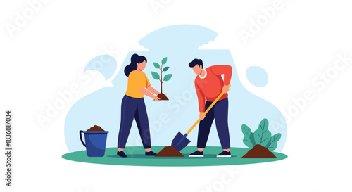 Young couple planting a tree together, contributing to reforestation and caring for the environment on Earth Day.