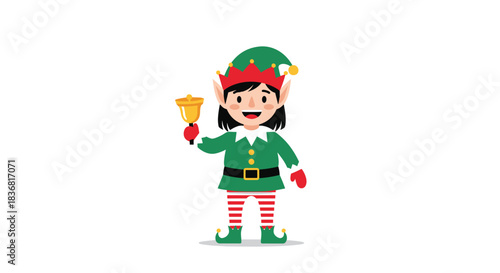 Cheerful Christmas elf character in a green and red outfit with striped leggings, smiling and ringing a golden bell for the holidays.