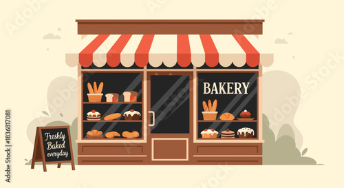 Charming storefront of a local bakery with freshly baked bread, cakes, and pastries displayed in the window for customers.