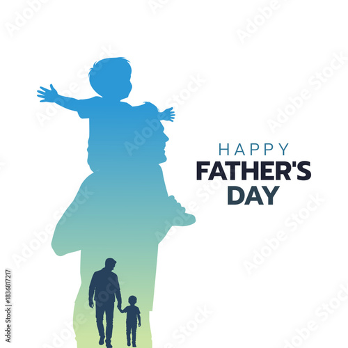 Happy Father's Day! Silhouette of a father carrying his child on his shoulders, overlaid with an image of a father and son holding hands, symbolizing love, care, and the strong bond of fatherhood.