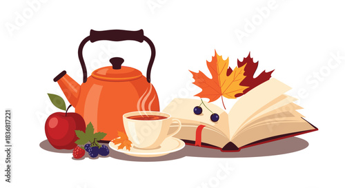 Cozy autumn still life with a hot cup of tea, an orange teapot, an open book, and colorful fall leaves.