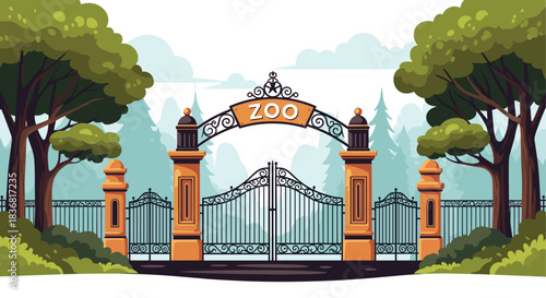 Ornate entrance gate to a zoo with a sign, set against a backdrop of lush green trees and a forest.