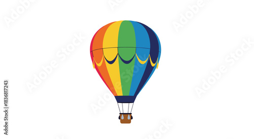 Colorful hot air balloon with a rainbow pattern and a basket, floating gracefully and isolated on a white background.