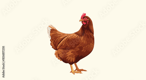 Realistic illustration of a brown hen standing in a classic pose, representing poultry farming and organic eggs.