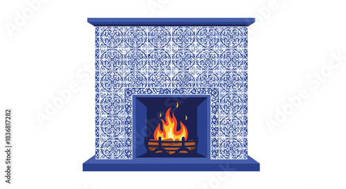 Cozy fireplace decorated with beautiful blue and white Portuguese azulejo tiles, with a warm fire burning inside.