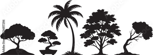 Silhouettes of different kinds of trees on transparent background vector illustration