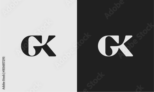 Two stylized GK monogram logos presented on contrasting light and dark backgrounds, showcasing a modern and elegant design.