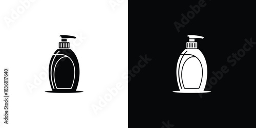 Modern pump bottle dispenser containing liquid soap or sanitizer represented on a contrasting split background