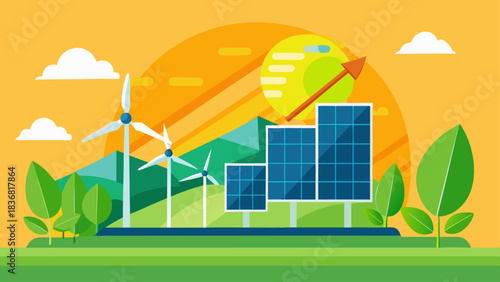 Solar Panel Energy Growth Chart with Wind Turbines at Sunset – Clean Renewable Power, Eco Green Technology Vector Illustration