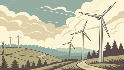 Renewable Wind Energy Vector Illustration with Modern Windmills and Sustainable Power Concept