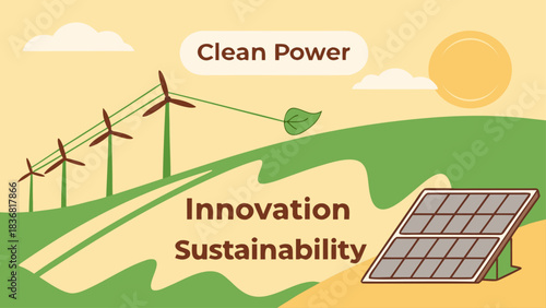 Solar Panel Energy Growth Chart with Wind Turbines at Sunset – Clean Renewable Power, Eco Green Technology Vector Illustration