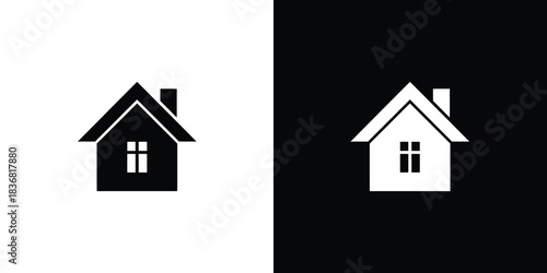 Simple black and white house icons with windows and a chimney representing home or property