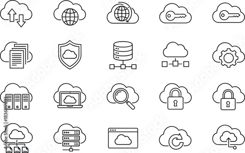 Financial Crisis and Economic Decline Outline Icons Set, Featuring Market Crash Graphs, Global Recession, Currency Exchange, Burning Money, and Investment Loss Symbols.