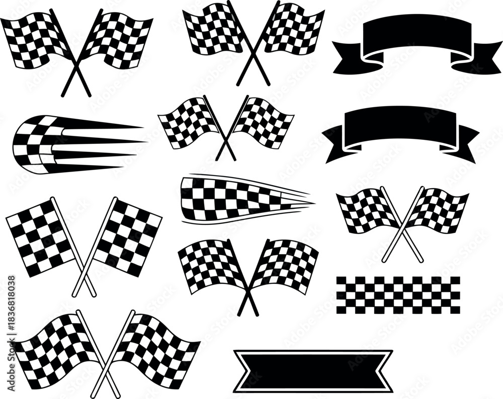Naklejka premium Collection of black and white checkered racing flags and banners checkered flag checkered pattern