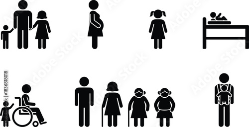 Black silhouette illustration of a nuclear family of four walking together, with parents holding hands with their two young children, representing family unity, leisure, and a happy childhood.