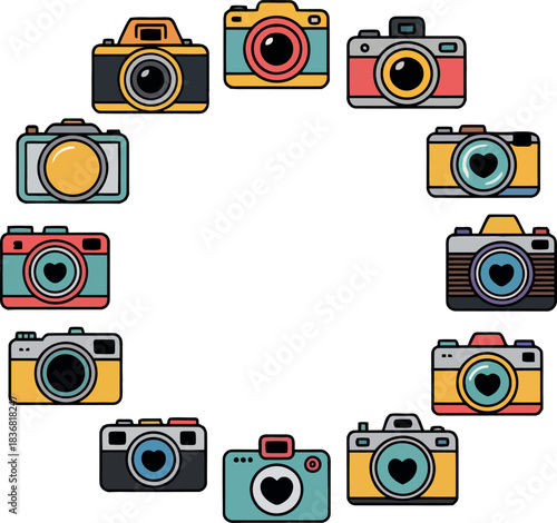 Collection of colorful cartoon cameras arranged in a circle photography vintage camera