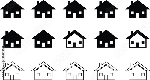 Collection of minimalist house and home icons in solid black and outline styles, representing residential property, real estate, and digital user interface navigation.