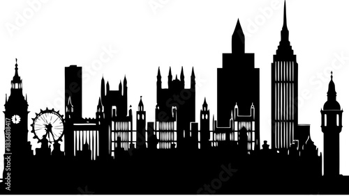 London Skyline Silhouette Vector with Big Ben Clock Tower and Buildings