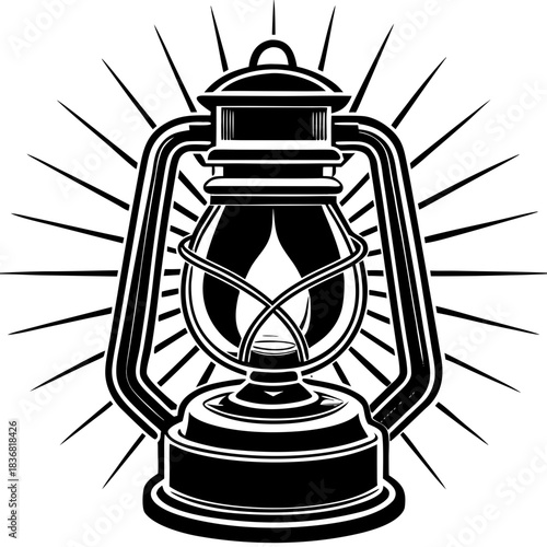 Black Vintage Oil Lantern Silhouette Vector Graphic with Light Rays