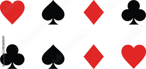 Classic collection of standard playing card suits: red hearts, red diamonds, black spades, and black clubs, representing gambling, gaming, poker, and traditional card games.