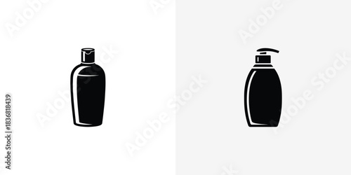 Two contrasting black silhouette bottle icons with different caps for cosmetic or hygiene products