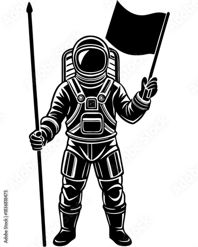 Black Astronaut Holding Flag Silhouette Vector Icon for Space Exploration